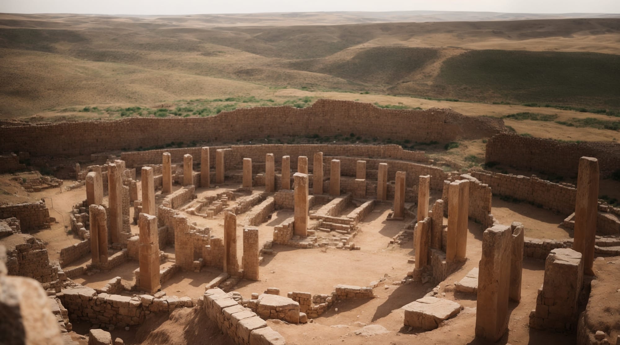 Göbeklitepe pillars Panoramic view of Göbeklitepe showing multiple carved pillars standing in an archeological site