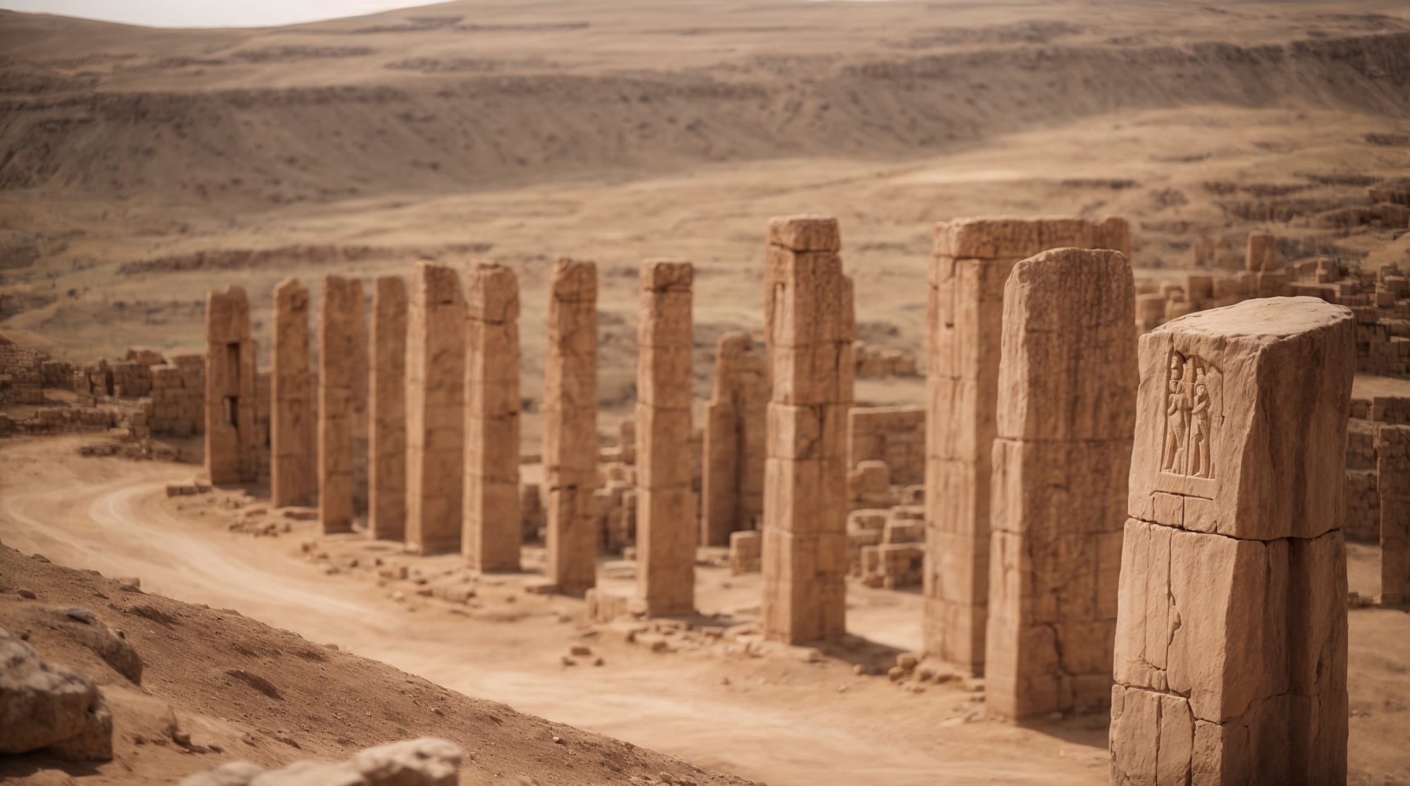 Göbeklitepe pillars Blurred image of Göbeklitepe's iconic T-shaped pillars with visible carvings of wild animals.