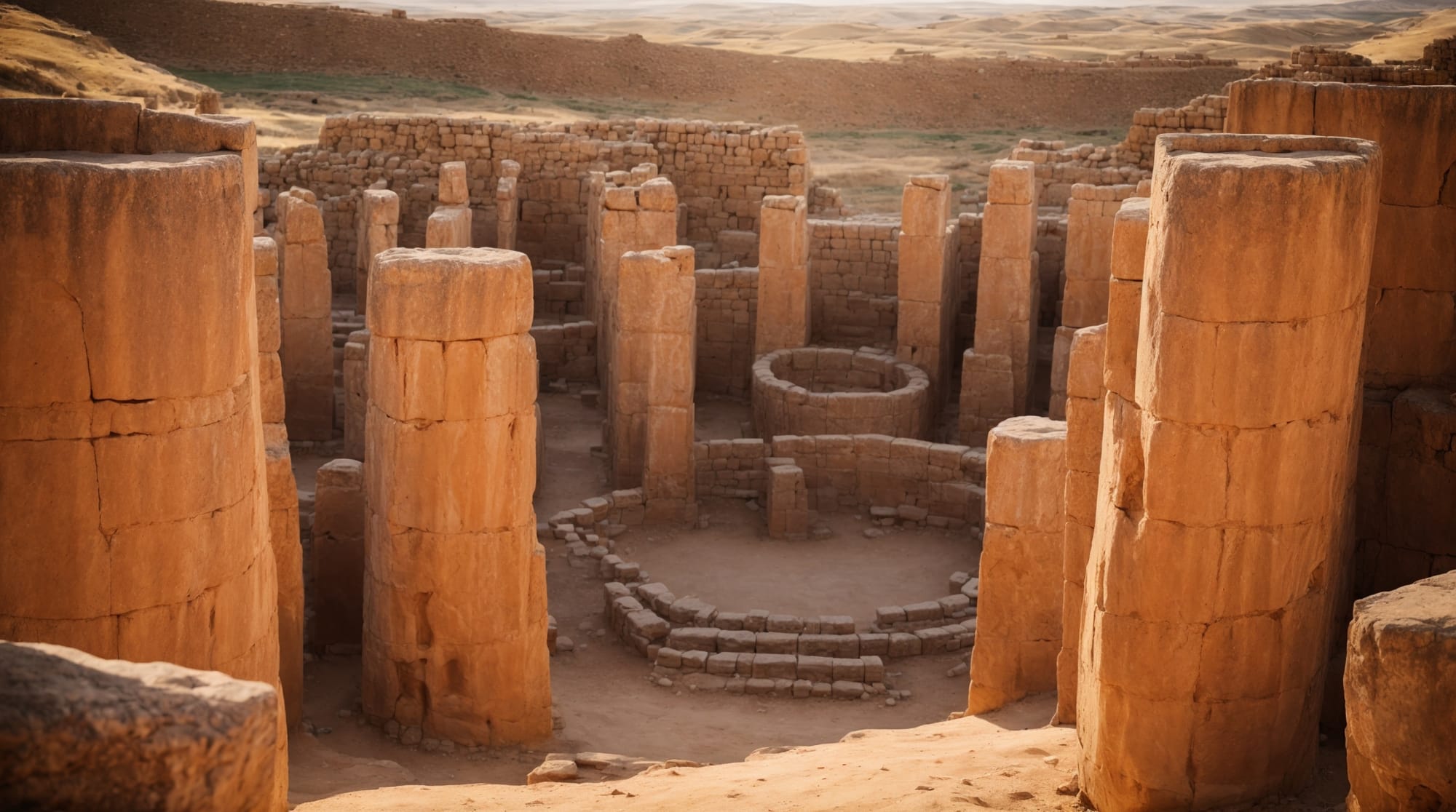 Göbeklitepe pillars Wide angle shot of Göbeklitepe's towering monolithic pillars, with detailed carvings visible under the morning light