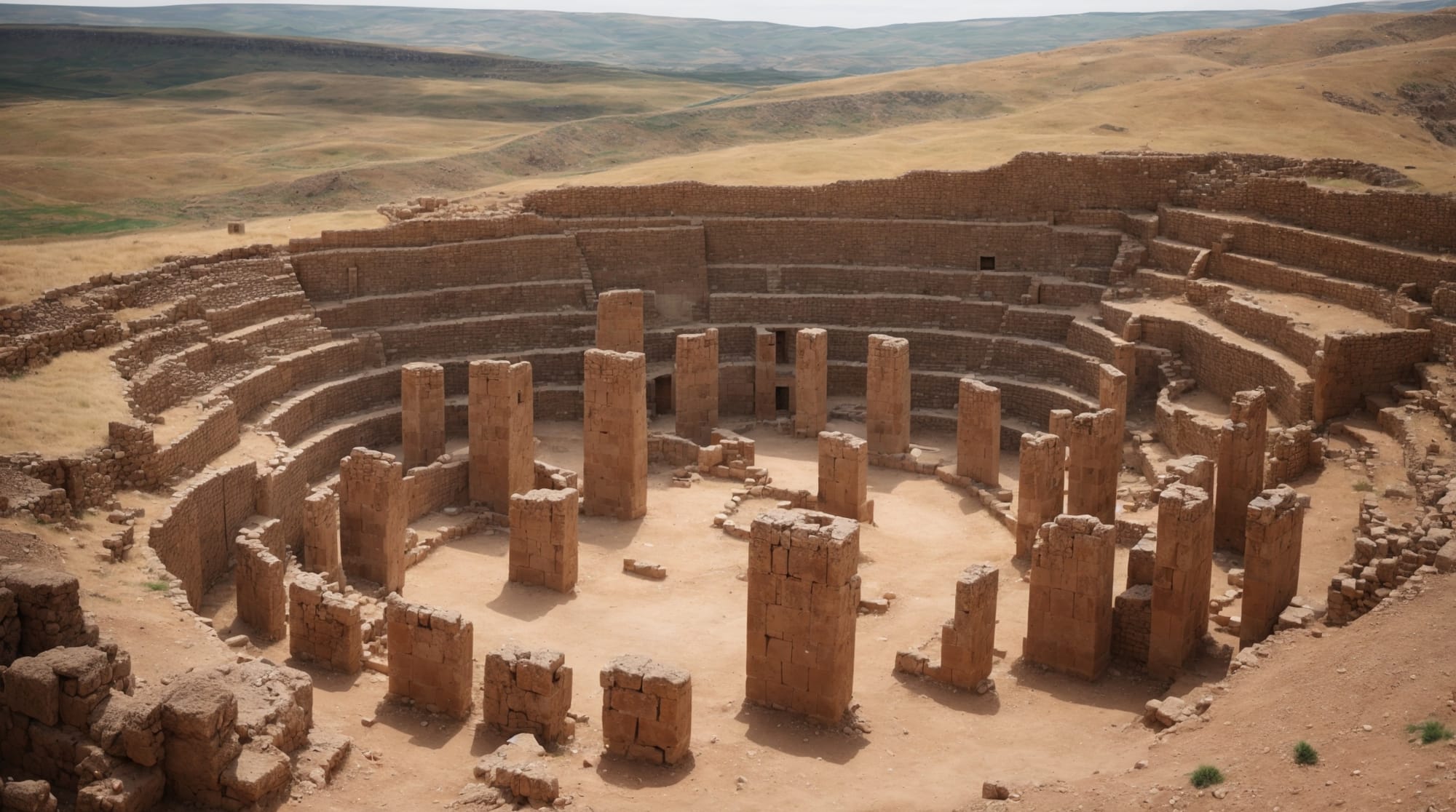 A panoramic view of Göbeklitepe showing the excavated pillars and carvings