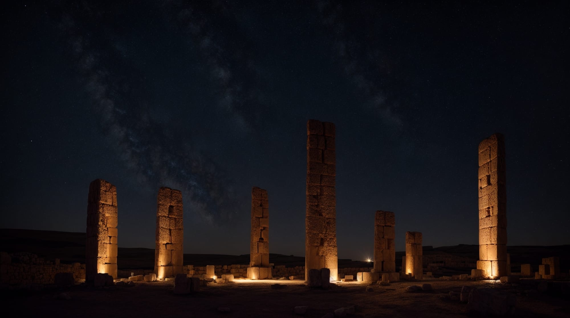 Illustration of Gobekli Tepe's pillars aligned with stars at night.