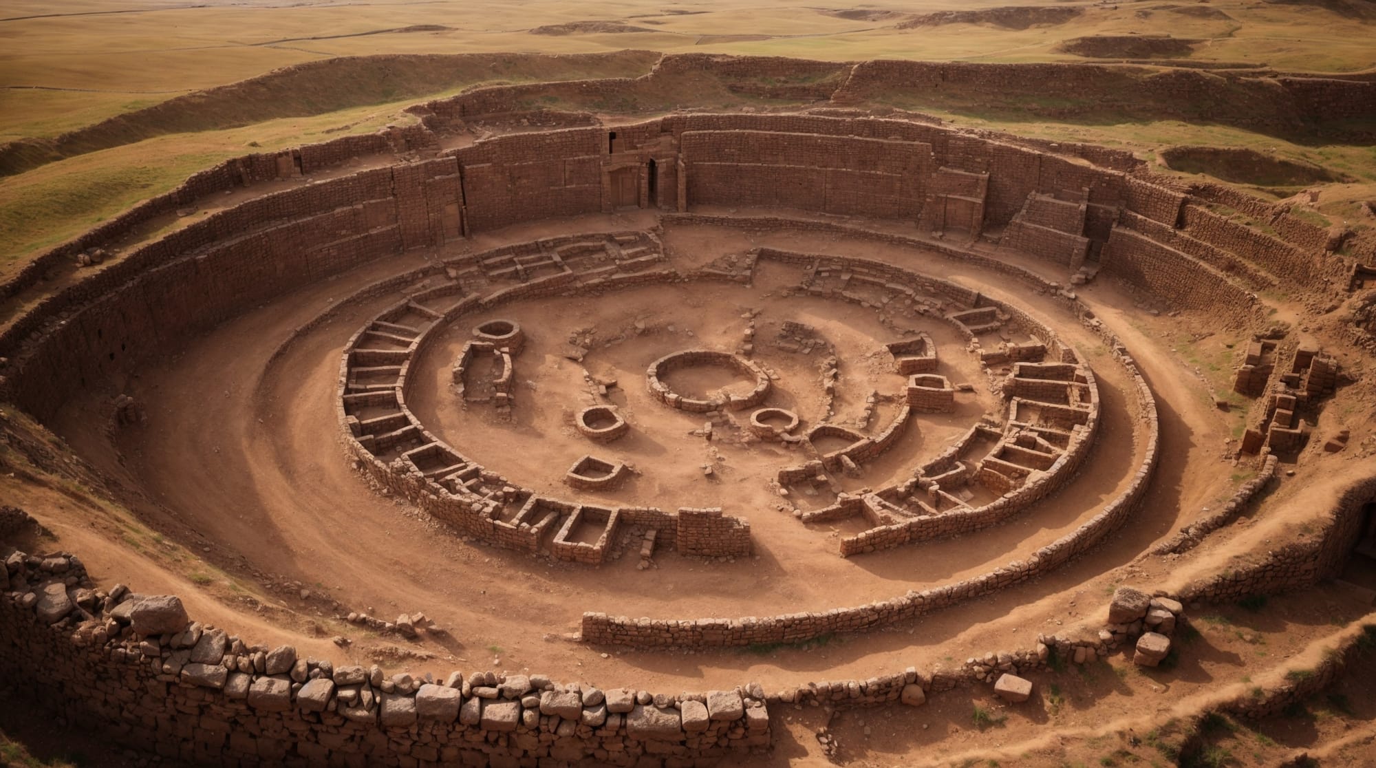 Göbeklitepe stones aerial view of Göbeklitepe showing stone circles and carvings