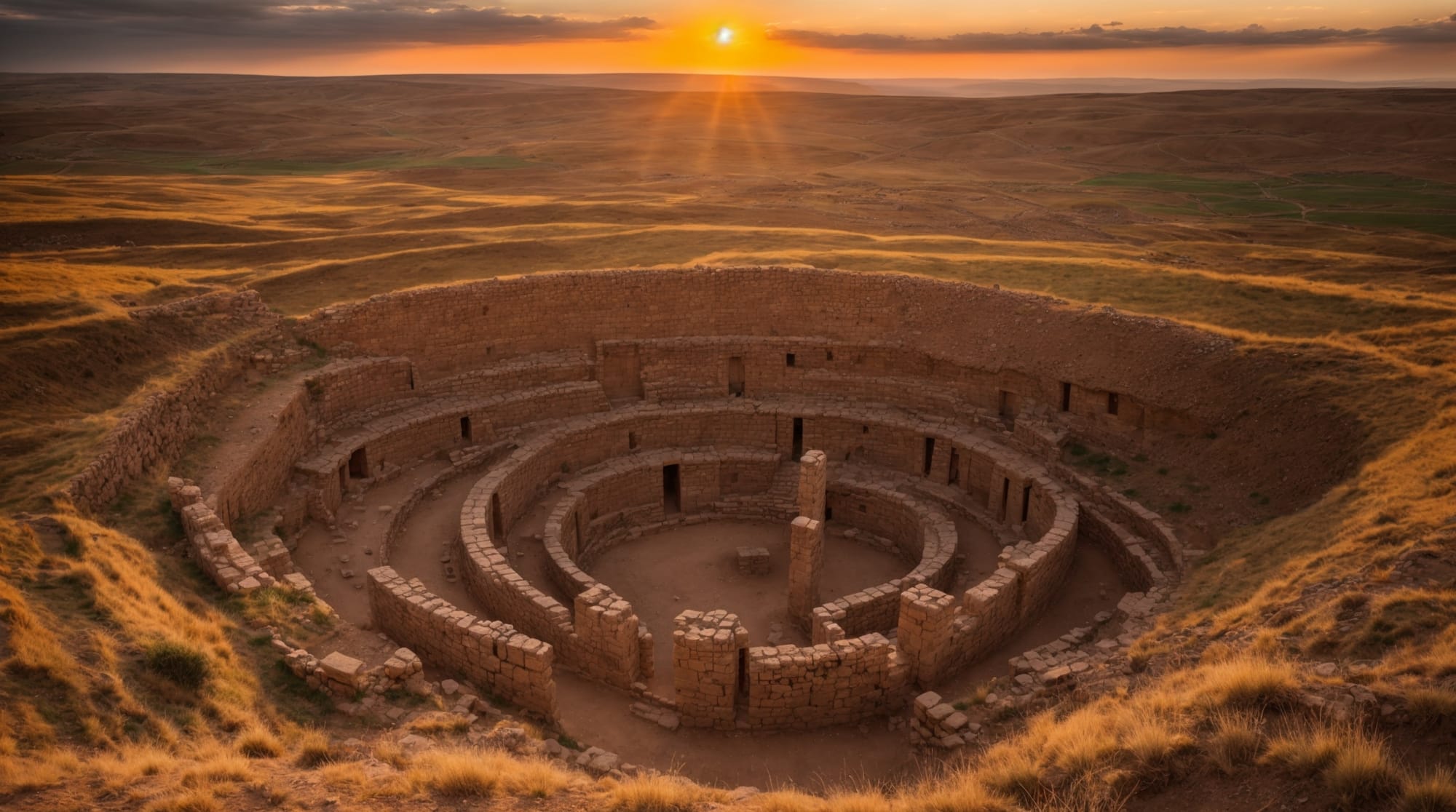 Göbeklitepe sunset A panoramic view of Göbeklitepe with its massive, intricately carved T-shaped pillars set against a striking sunset.