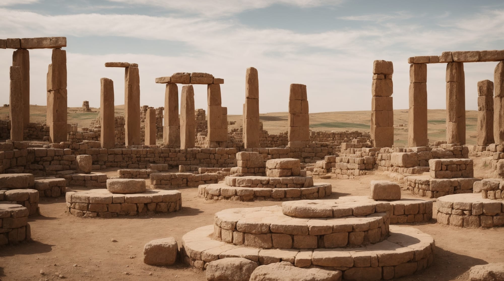 A panoramic view of Göbeklitepe showing circular structures and decorated pillars.