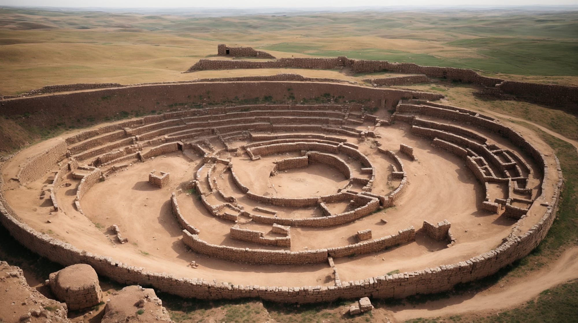 Aerial view of Göbeklitepe showing circular arrangements of megalithic structures.