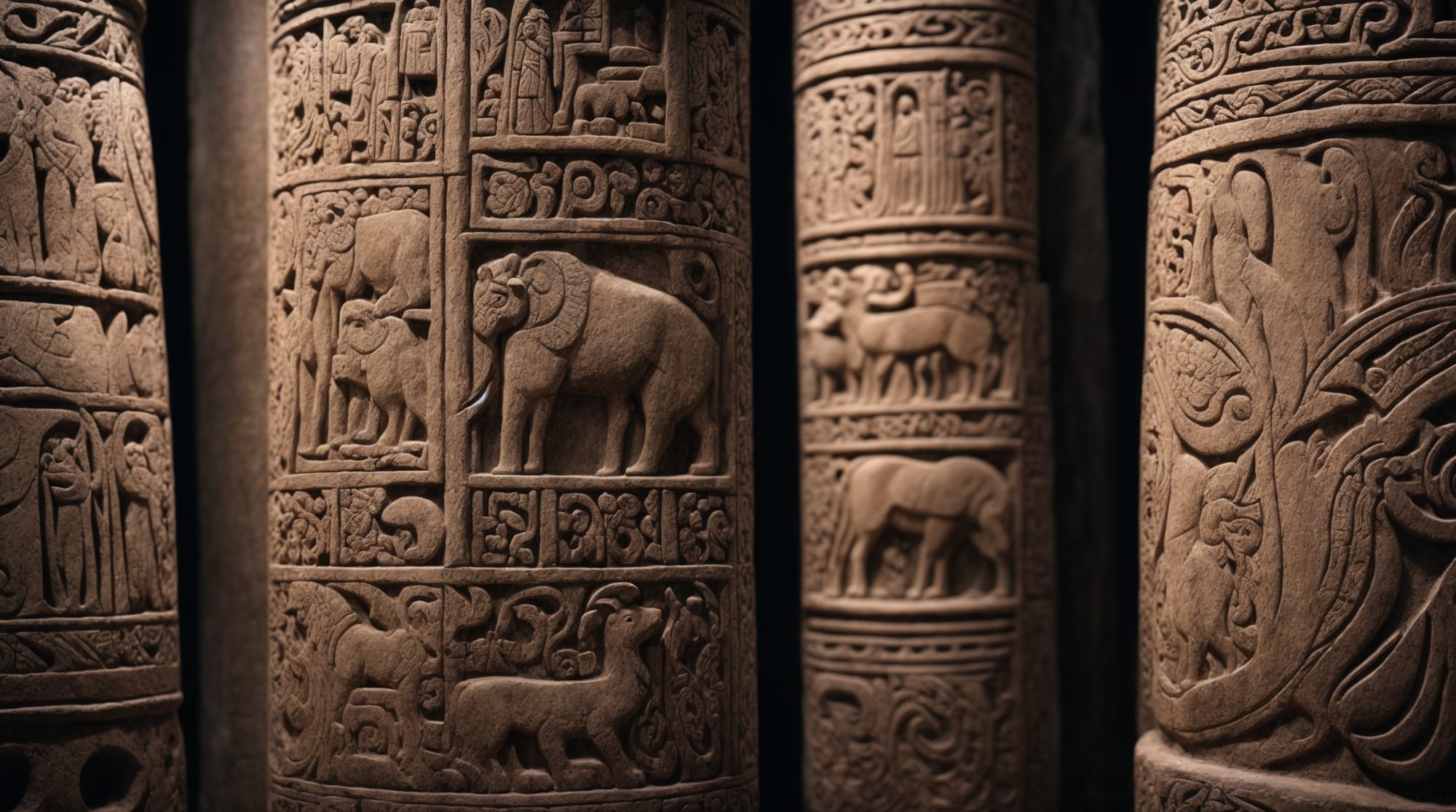 Neolithic carvings Intricately carved stone pillar featuring animal motifs