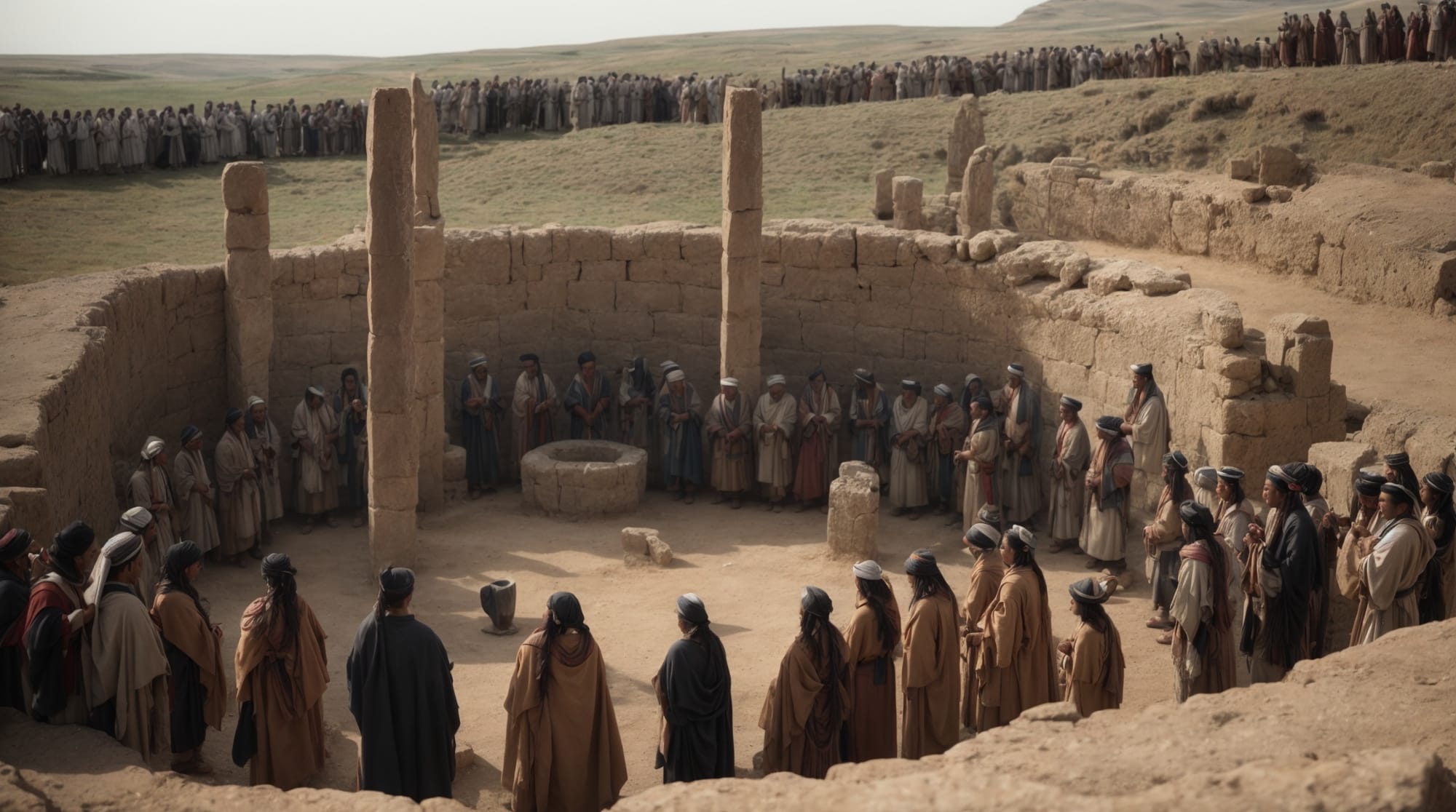 Neolithic rituals An artist's rendering of a ritualistic scene showing Neolithic people gathered around the Göbeklitepe pillars.
