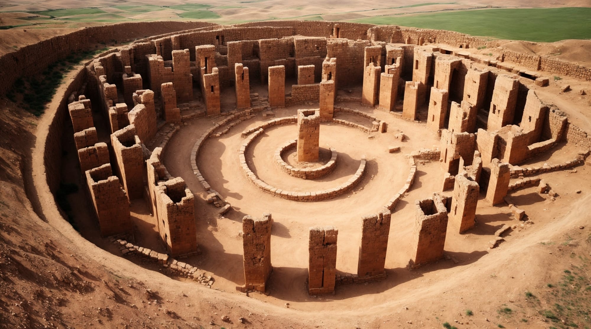 T-shaped pillars A stunning aerial view of Göbeklitepe showing its unique T-shaped pillars and circular arrangements