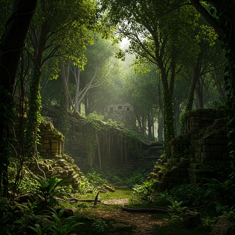 High-resolution LiDAR scan capturing the hidden remains of an ancient Mayan city concealed beneath dense jungle foliage.