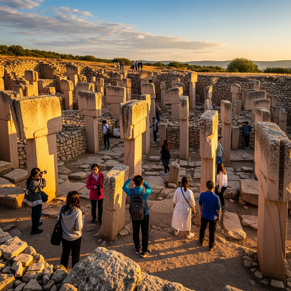 A panoramic view of Göbekli Tepe at sunset with tourists, including Chinese visitors, exploring the ancient site