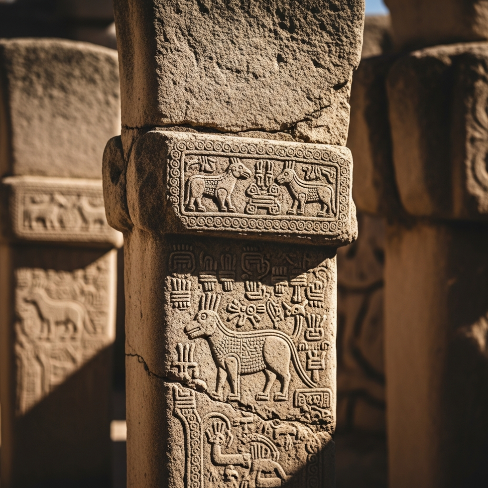 Close-up image showcasing detailed carvings of animals and symbols on the pillars at Gobeklitepe, emphasizing their craftsmanship.