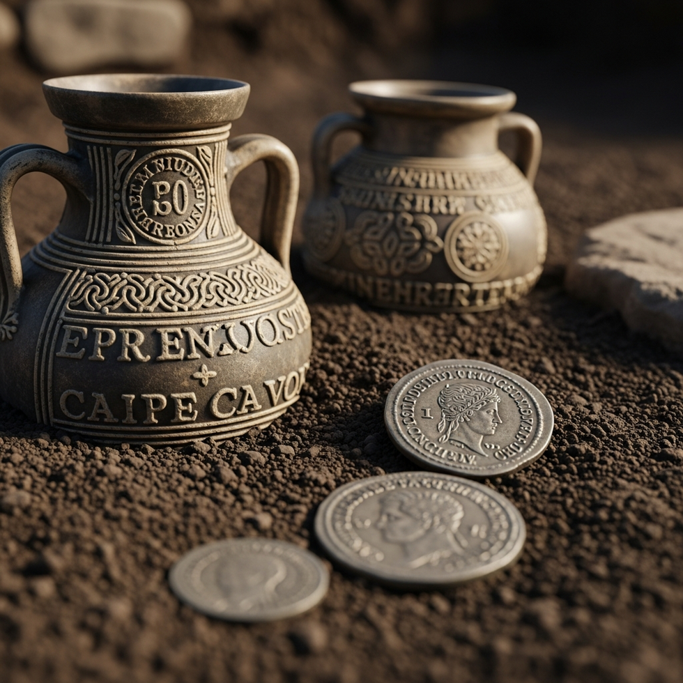 a detailed photograph of Roman pottery and coins discovered at the site highlighting the intricate craftsmanship and historical significance