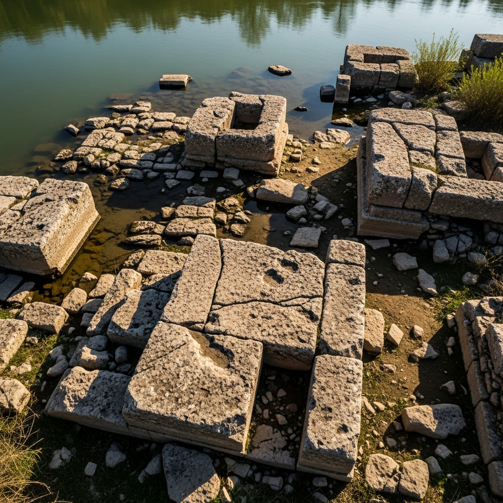 ancient submerged structures An aerial view of the Adıyaman river shoreline showing the exposed ancient stone structures after water receded