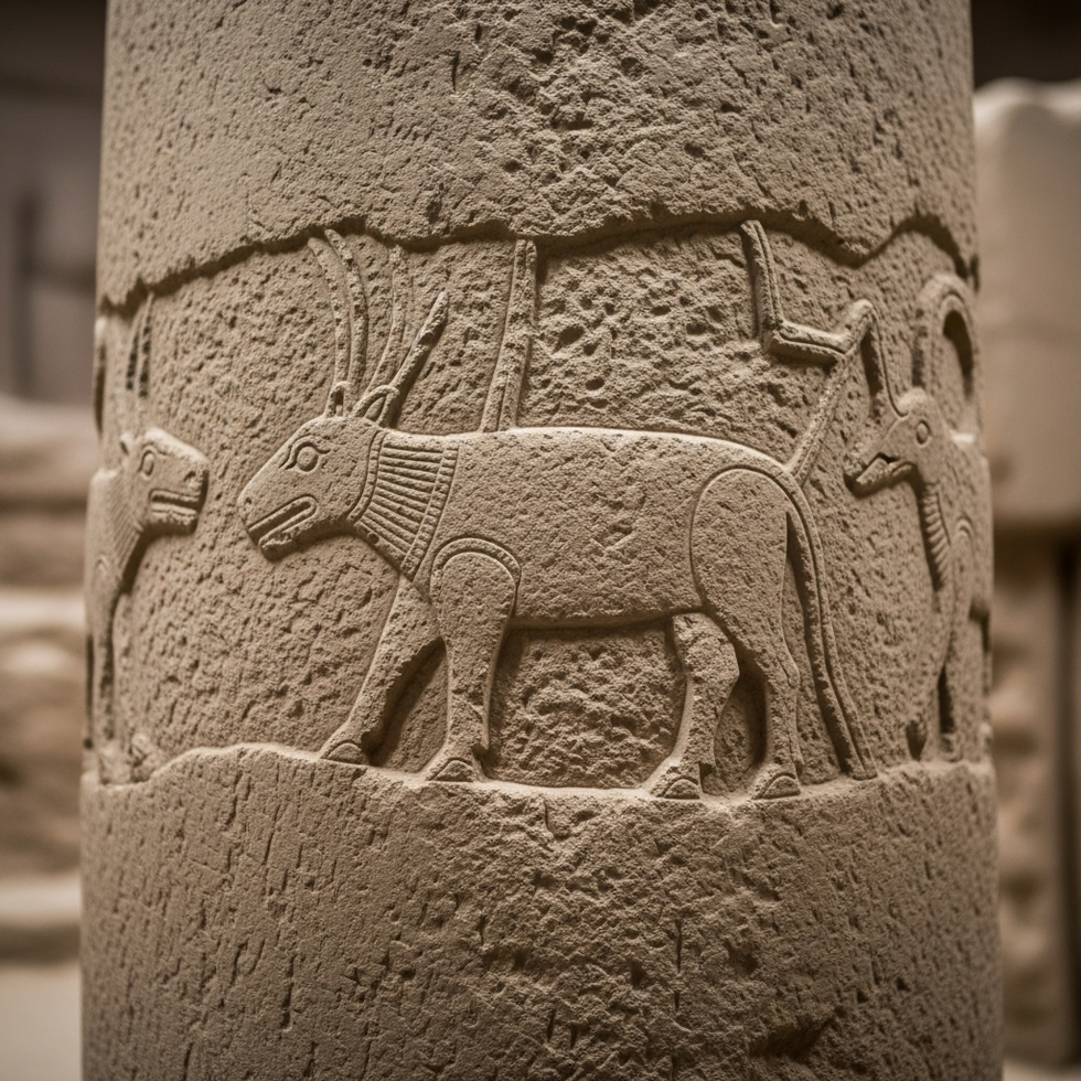 Close-up of detailed animal carvings on Göbekli Tepe pillar showing intricate prehistoric artwork
