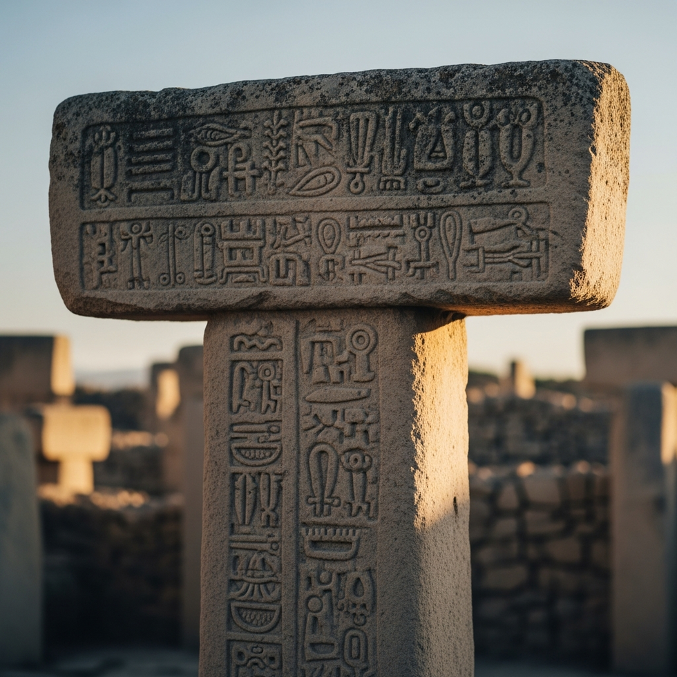 Close-up of carved symbols on a T-shaped stone pillar at Gobeklitepe under soft evening light