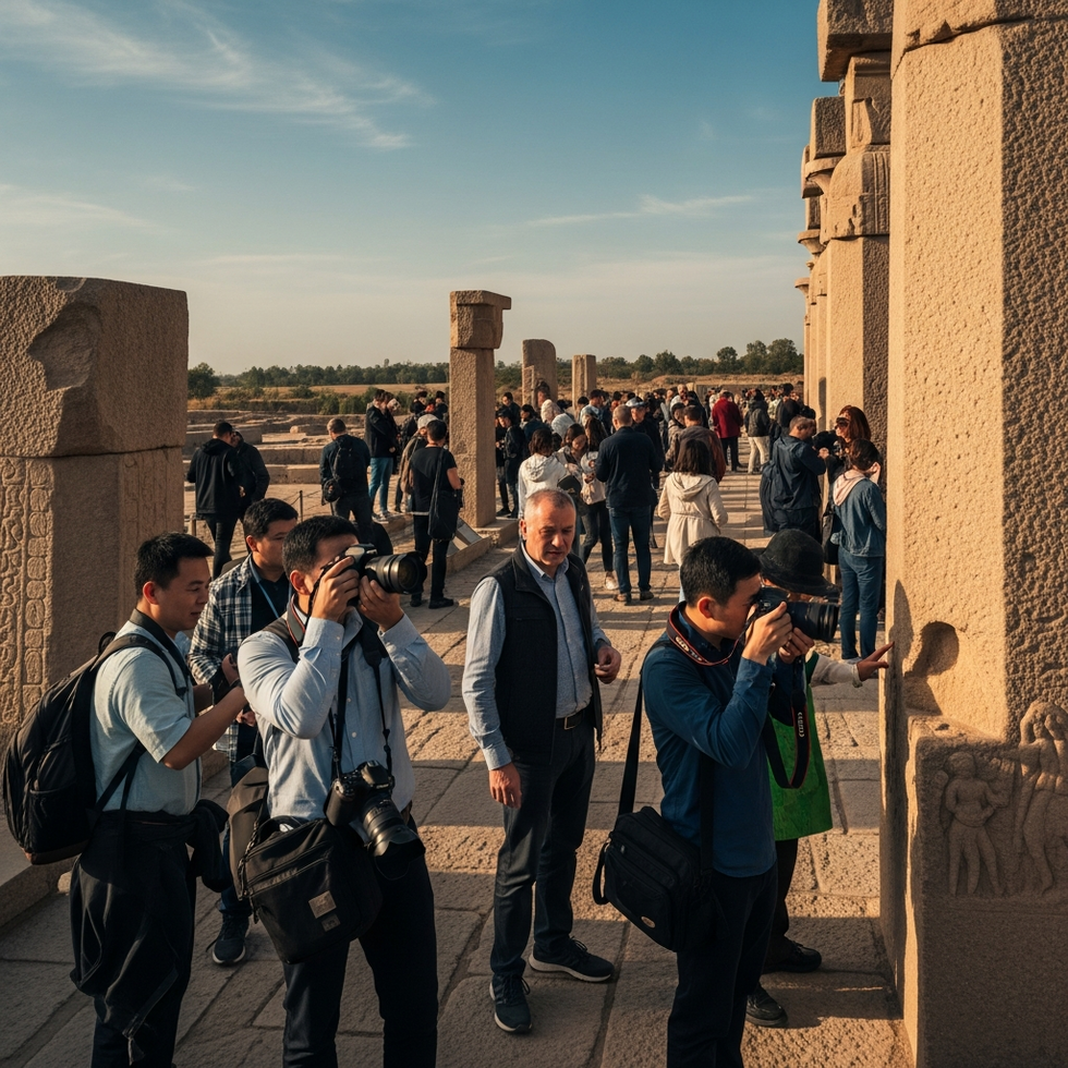 A vibrant scene of tourists exploring the historic Gobeklitepe archaeological site in Turkey, with Chinese tourists among the visitors