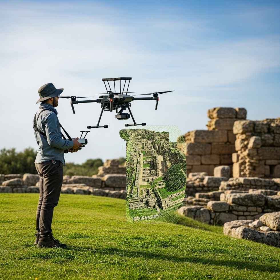 A scientist using a drone with LiDAR scanning an ancient site from above