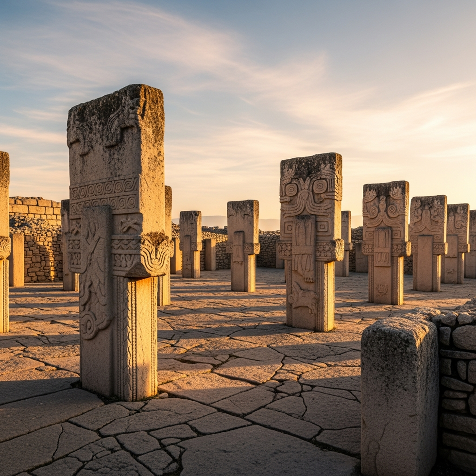 A panoramic view of Gobeklitepe showcasing its T-shaped pillars and intricate carvings at sunrise