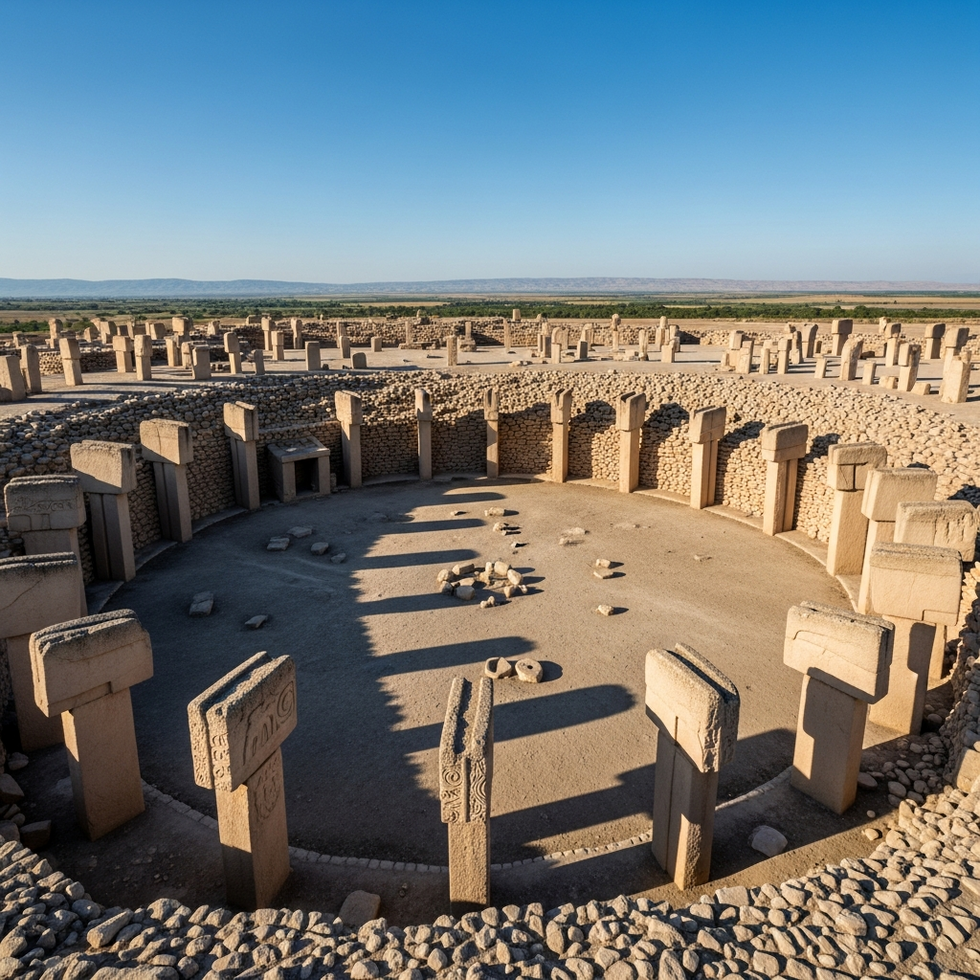 An aerial view of Göbekli Tepe revealing its circular megalithic enclosures and towering T-shaped pillars