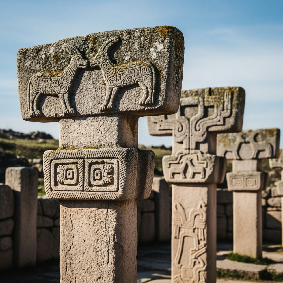 Photograph of carved T-shaped pillars at Gobeklitepe displaying intricate animal and abstract carvings