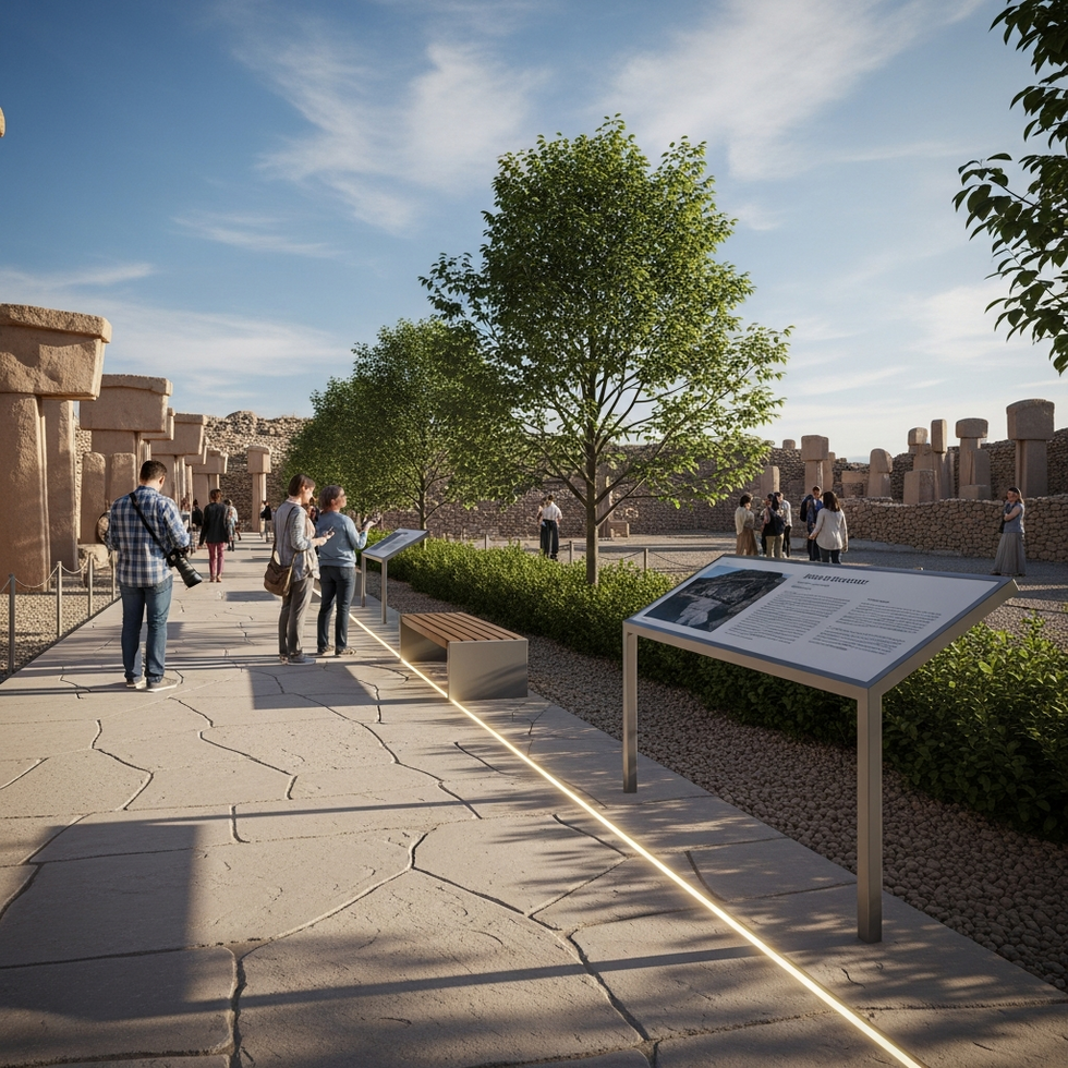 Illustration of future visitor pathways and signs at Göbekli Tepe with educational displays and modern amenities