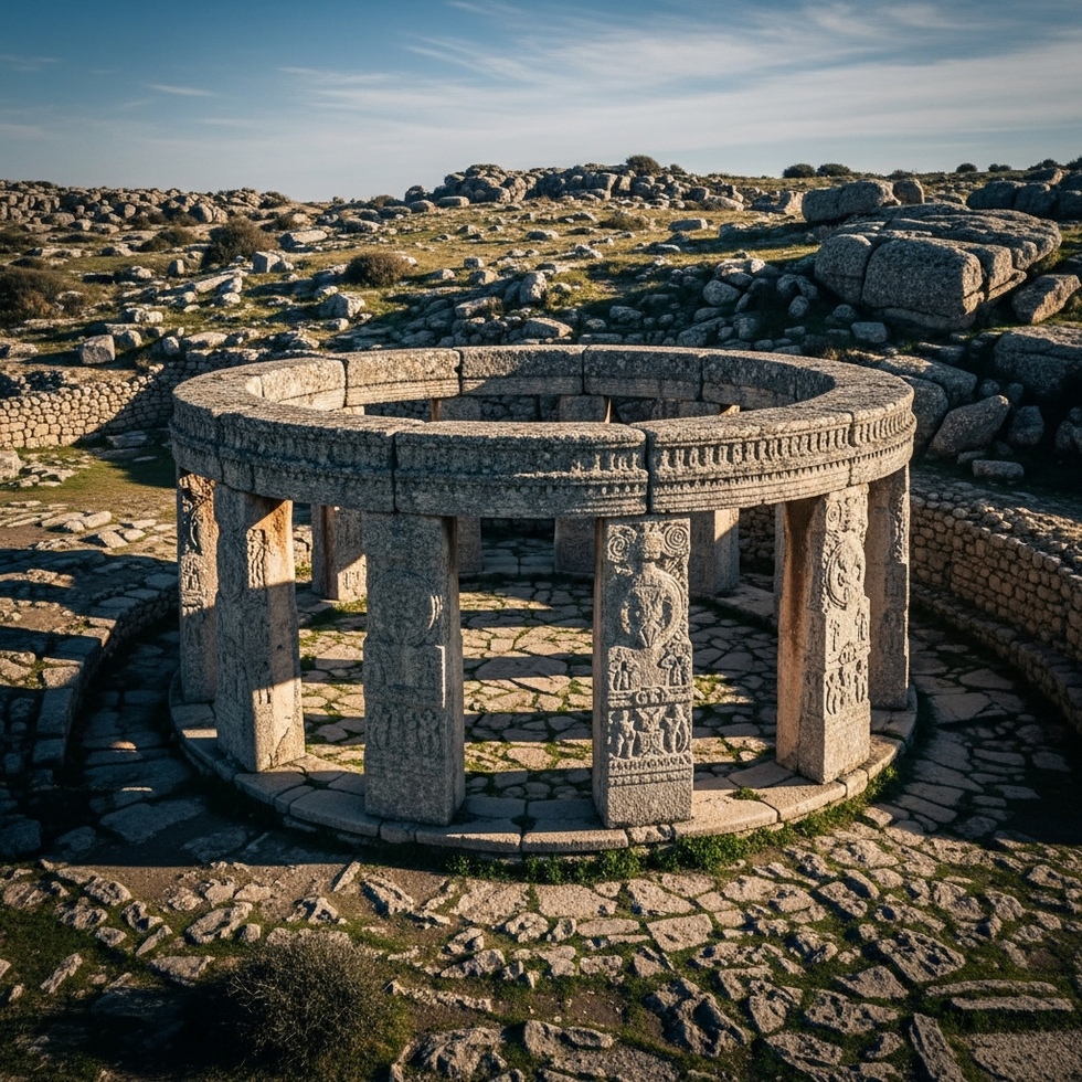 Image prompt: An aerial view of Gobeklitepe highlighting the circular arrangement of carved stone pillars amidst the rugged landscape