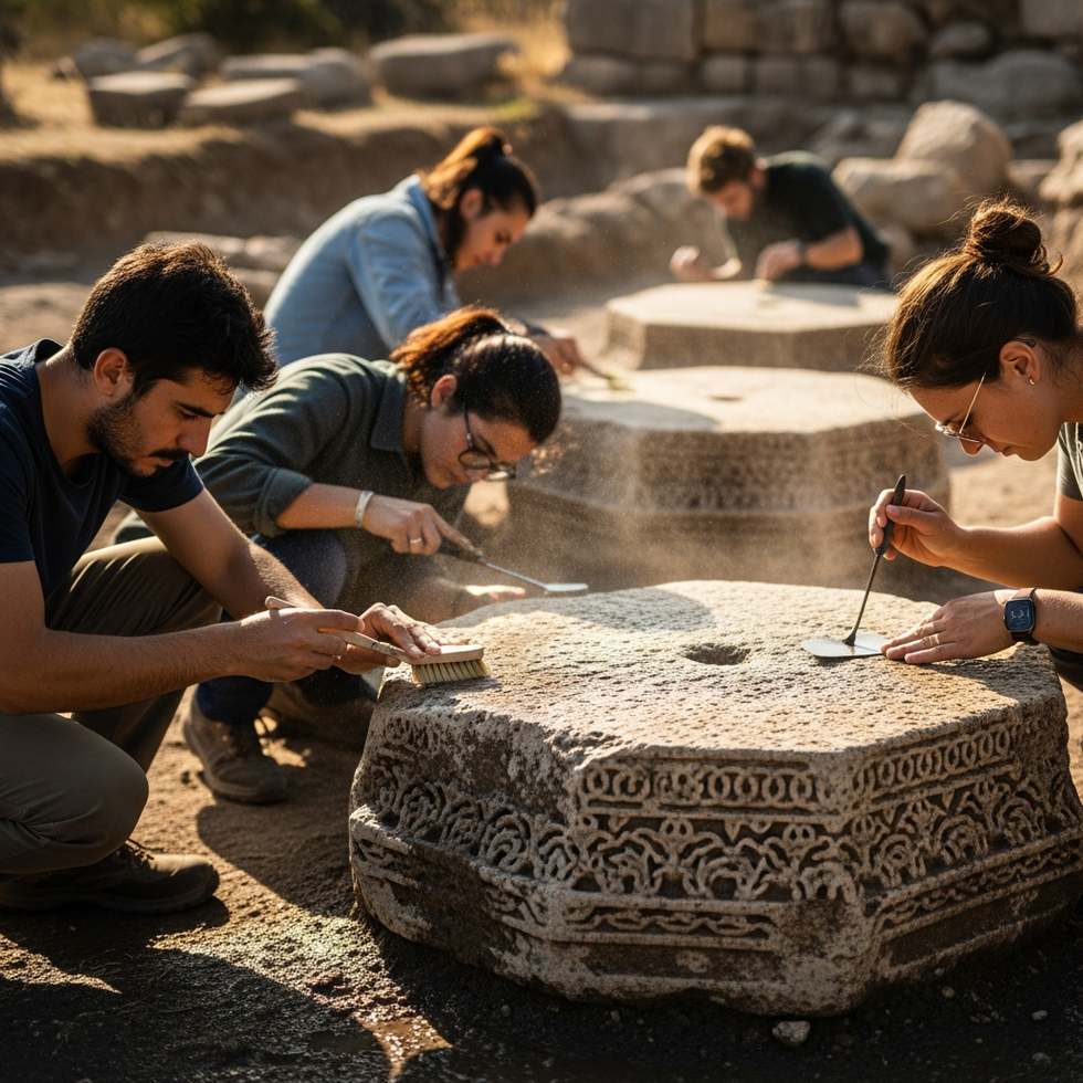 archaeologists carefully scraping and documenting ancient structures with water and excavation tools in Adıyaman