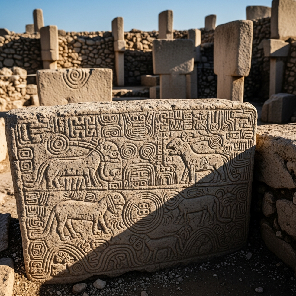 Photograph of newly uncovered carved reliefs and symbols on ancient stone surfaces at Gobeklitepe, illustrating early human artistic expression.
