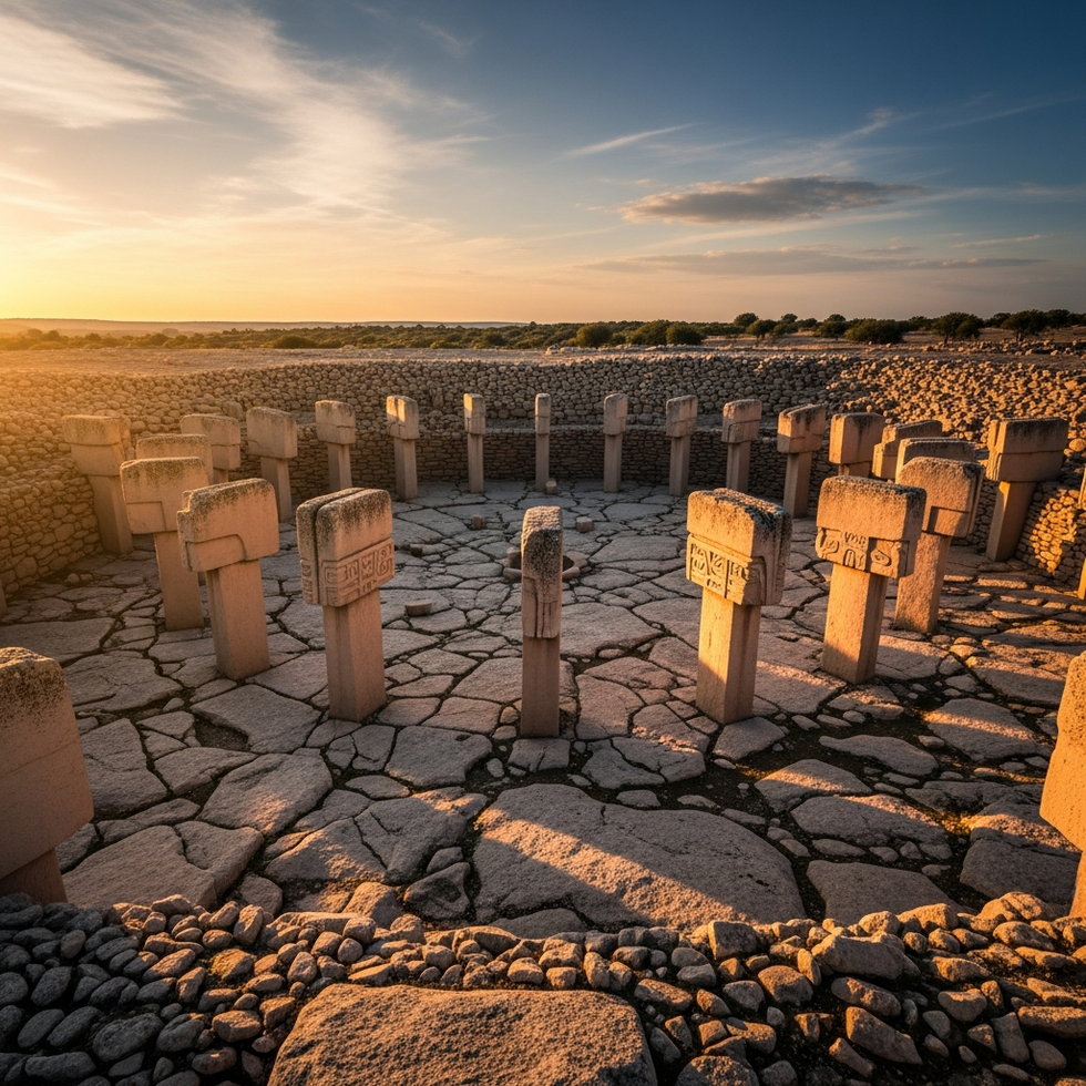 A panoramic view of Göbekli Tepe's iconic stone pillars at sunset, capturing the site's mysterious and majestic atmosphere