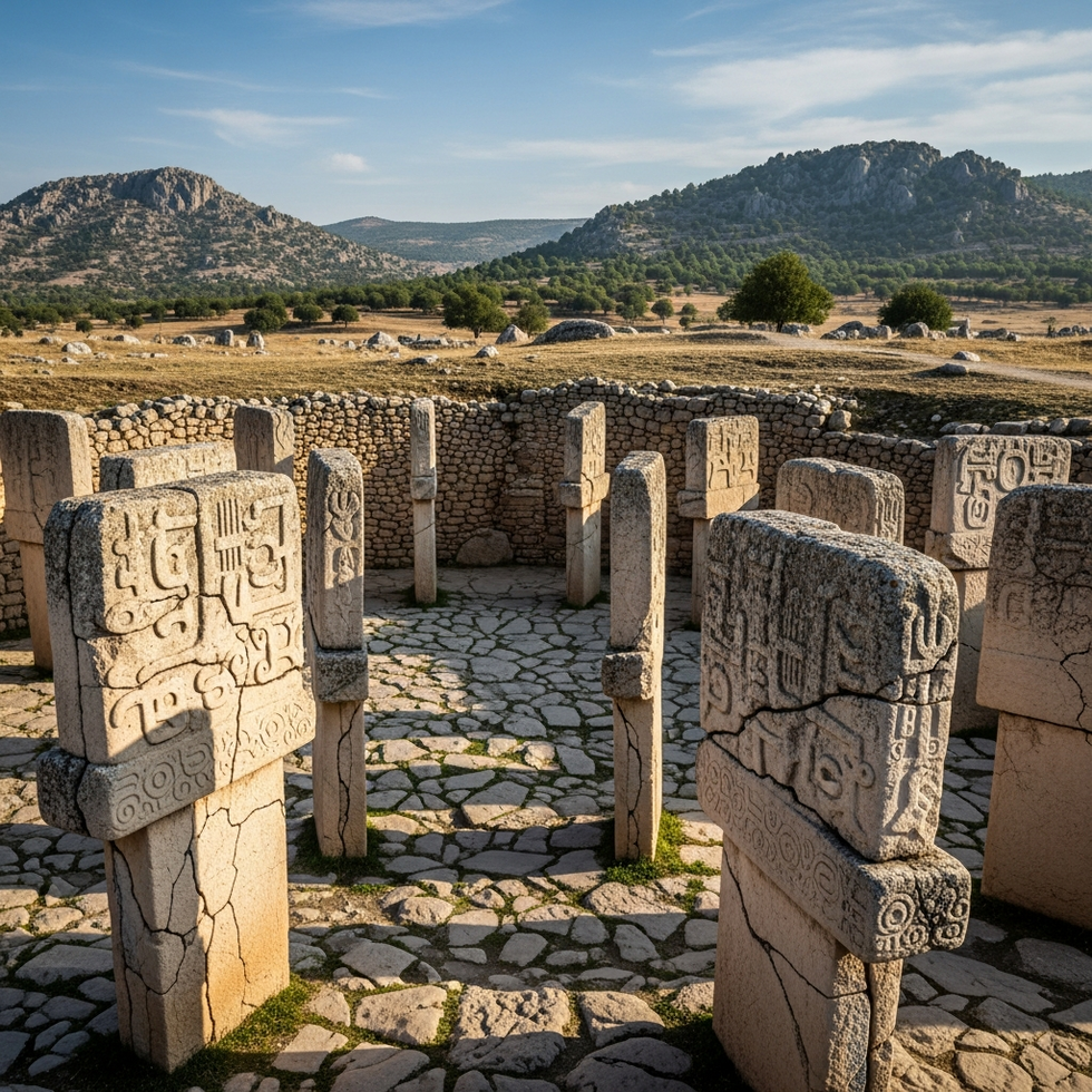 A panoramic view of Gobeklitepe highlighting its massive stone pillars and intricate carvings, set against the rugged landscape of southeastern Turkey.