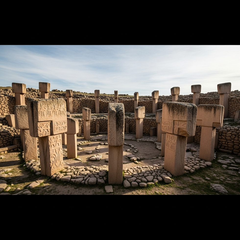 A panoramic view of the ancient Solomon-like pillars at Gobekli Tepe, showcasing its archaeological grandeur