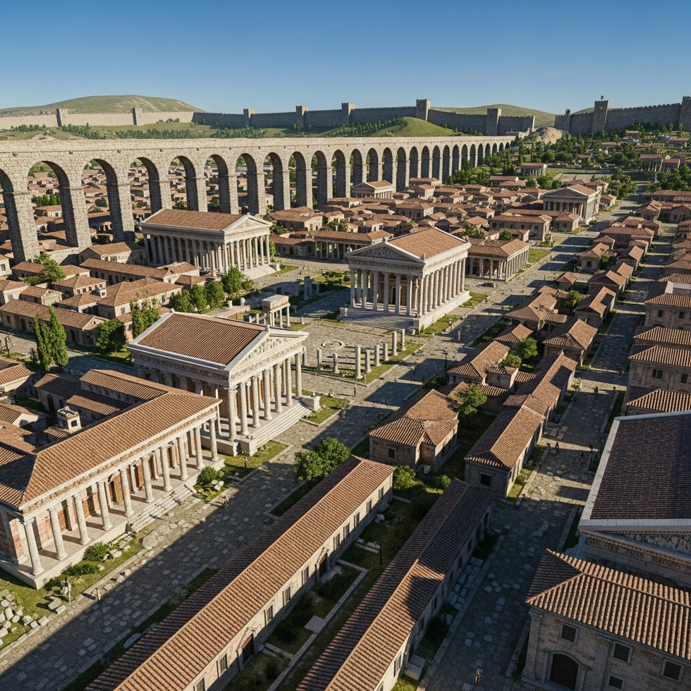 an artist's reconstruction of the ancient city highlighting Roman architectural features and urban planning