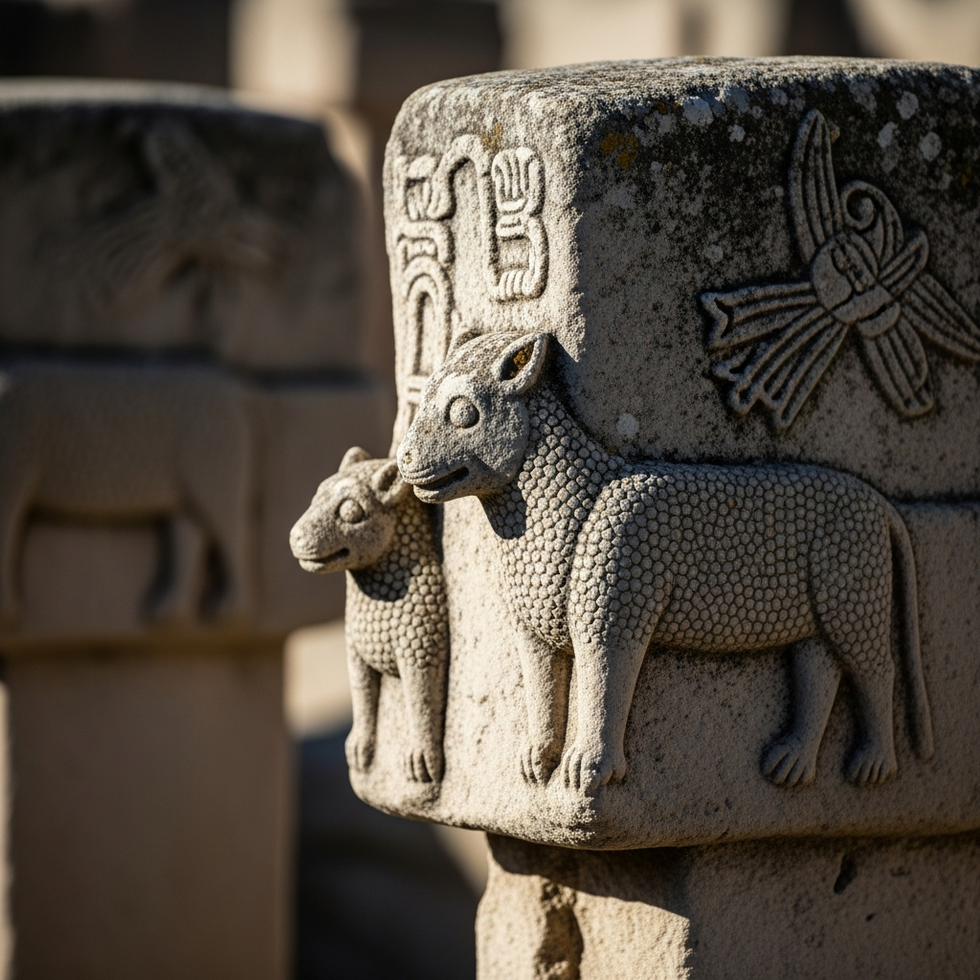 detailed close-up of carved animal figures on the ancient pillars of Gobeklitepe, showcasing craftsmanship and symbolism