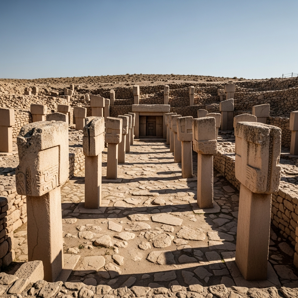 a panoramic view of Gobeklitepe's ancient stone pillars under a clear sky, highlighting the impressive scale and craftsmanship