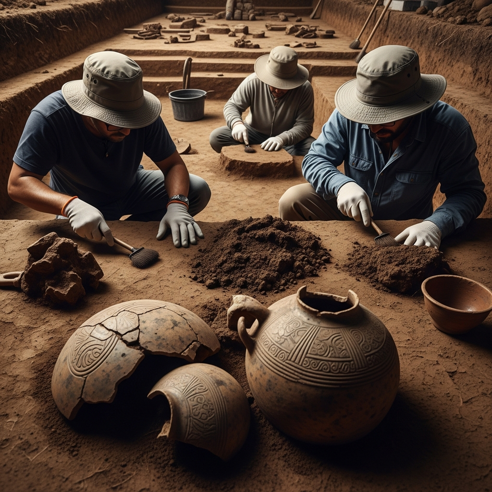 a detailed image of archaeologists at work excavating an ancient site with pottery fragments and tools in the foreground