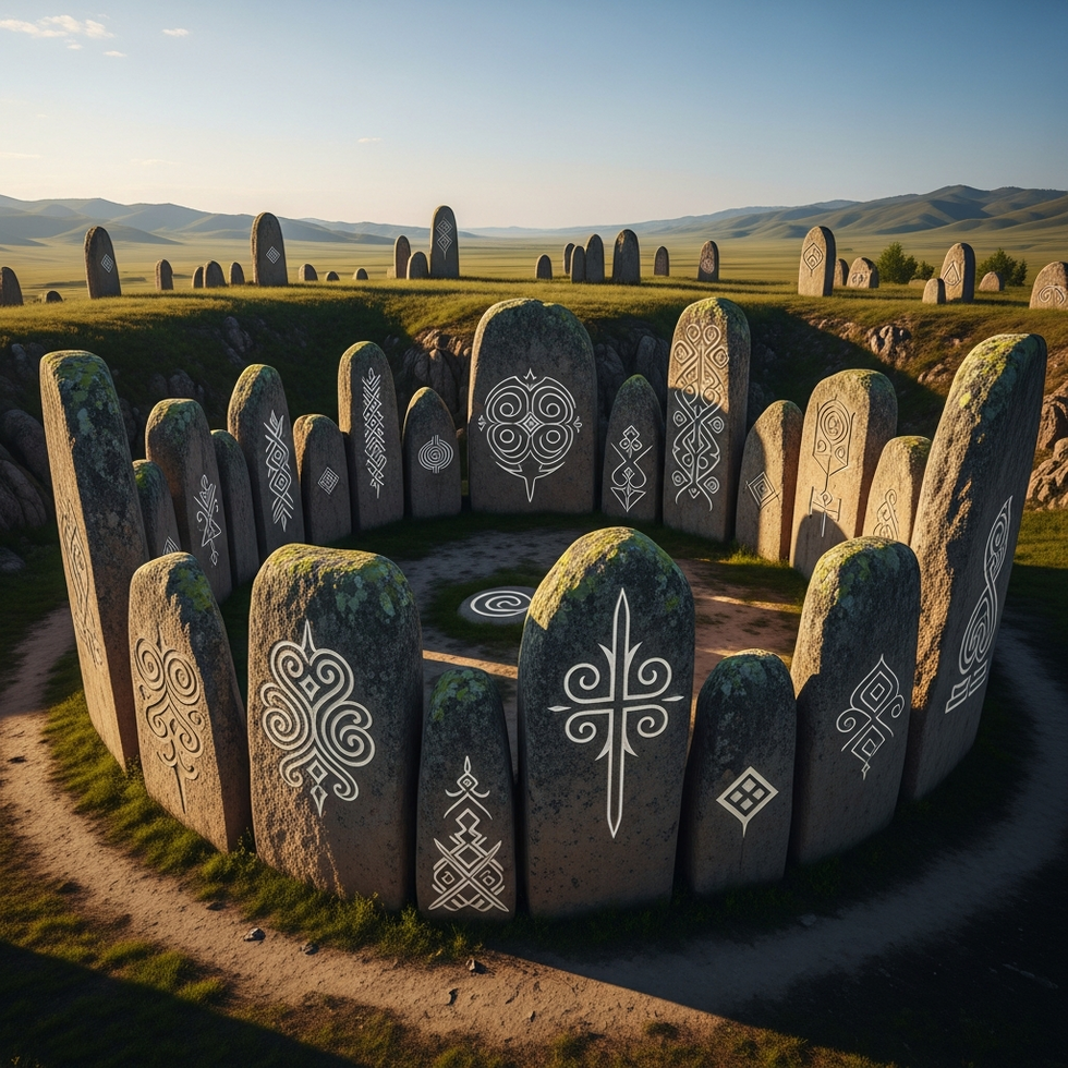An artistic interpretation of Göbekli Tepe's megalithic structures intertwined with modern Kazakh artistic motifs, showcasing a fusion of ancient and contemporary styles.
