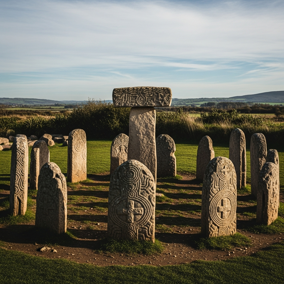 Neolithic ritual site An artistic reconstruction of Neolithic ritual scenes at the newly discovered site, showing the placement of carved pillars in ceremonial arrangements