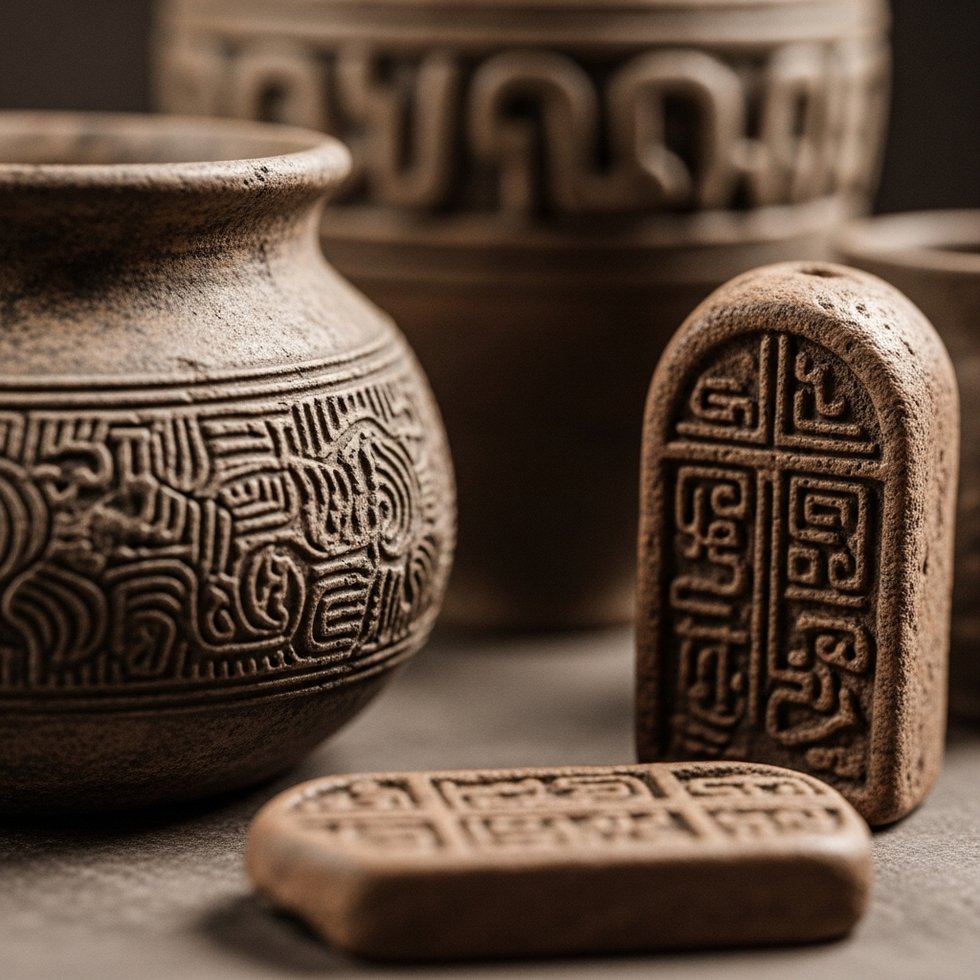 a detailed close-up of ancient pottery and seals with intricate carvings