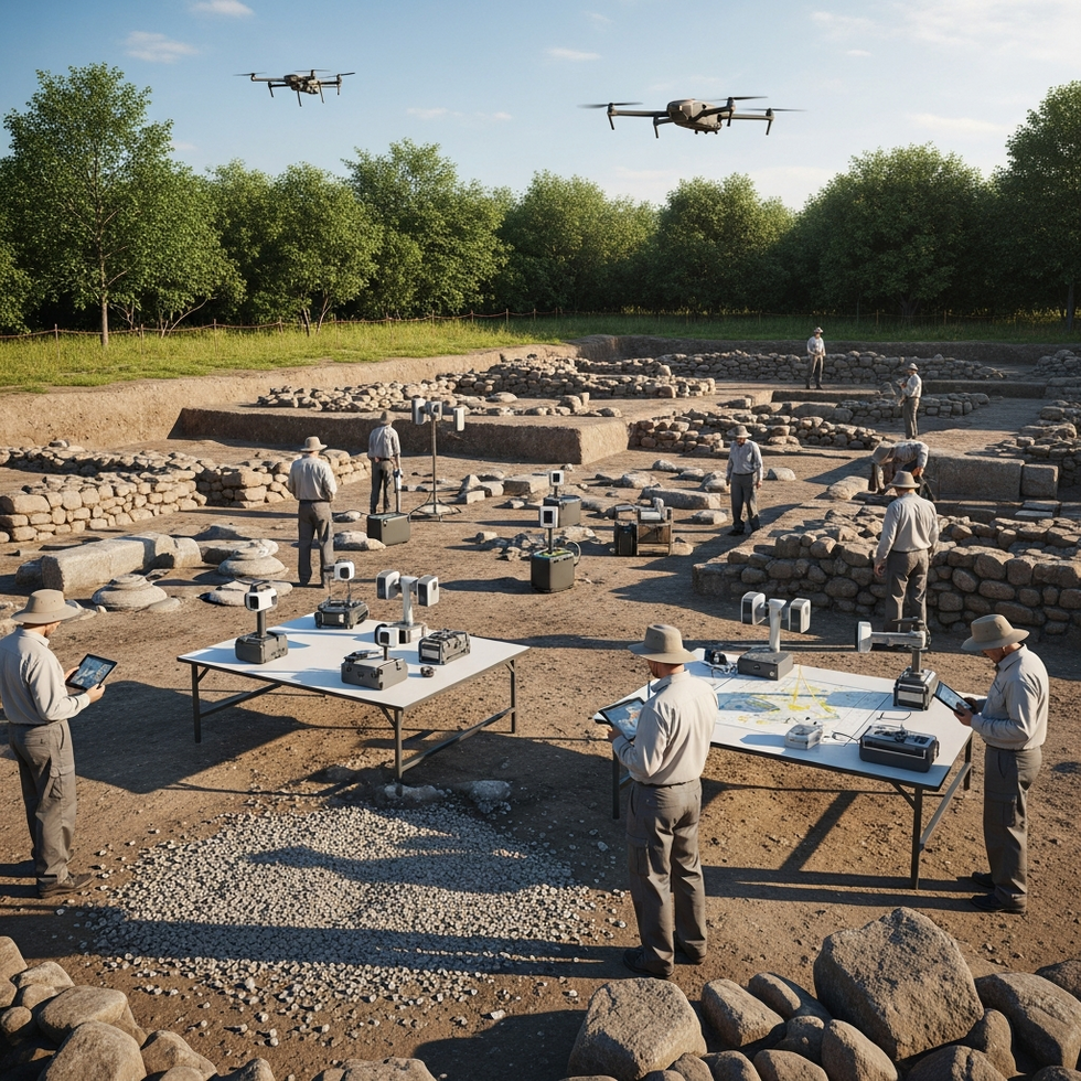 An image of a recent archaeological dig site with advanced technology equipment and uncovered ancient structures