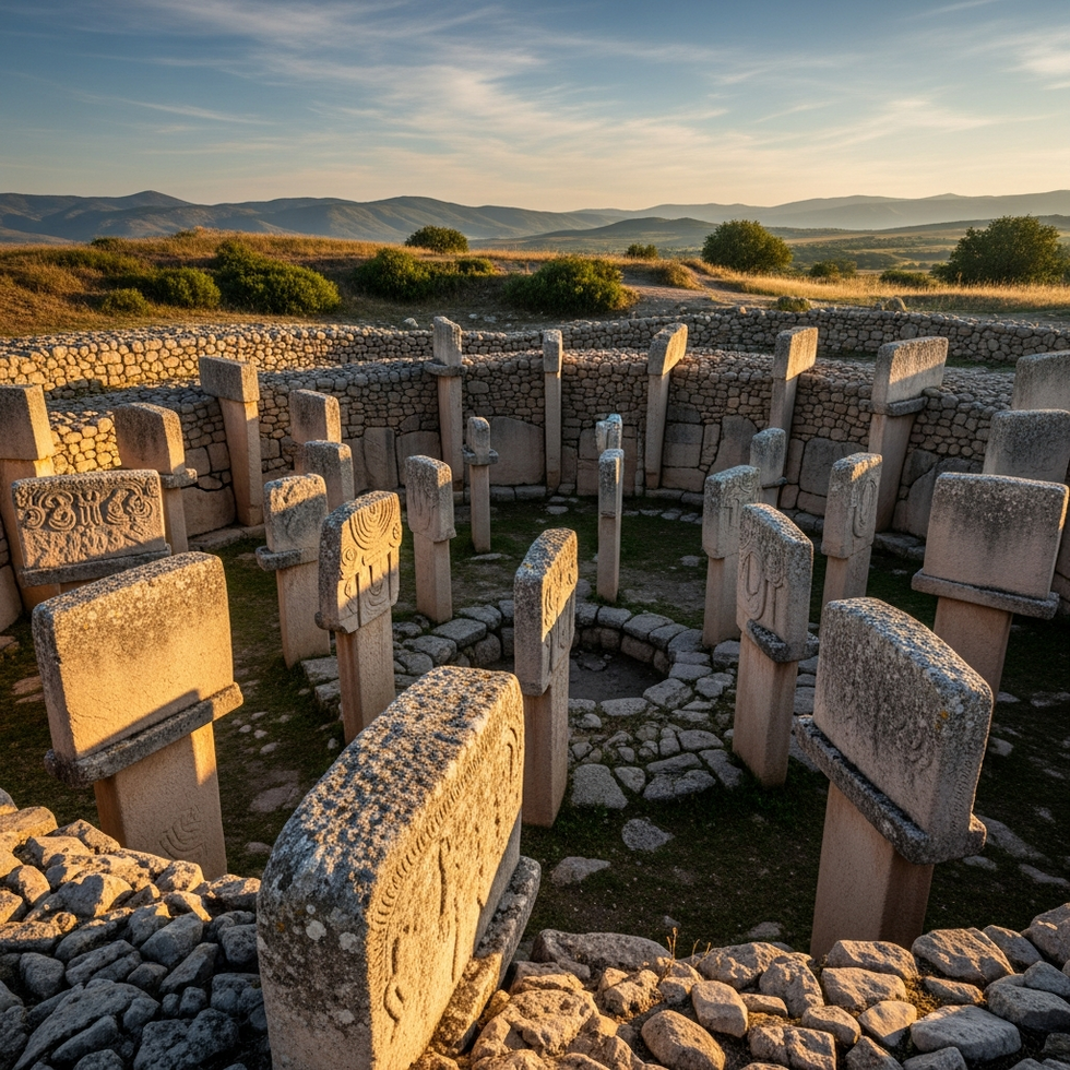 A panoramic view of Gobeklitepe showing the ancient circular enclosures with carved pillars and surrounding landscape