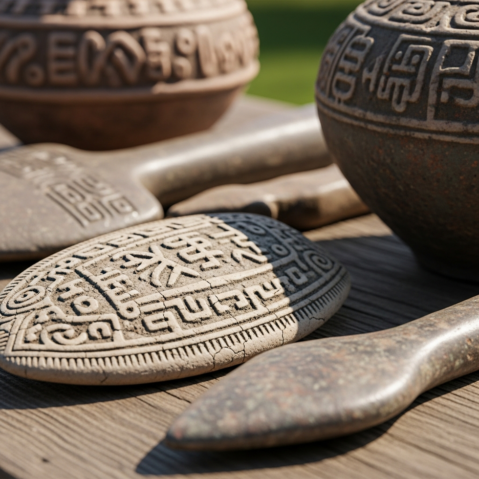 close-up of decorated pottery and ancient tools with intricate patterns and symbols