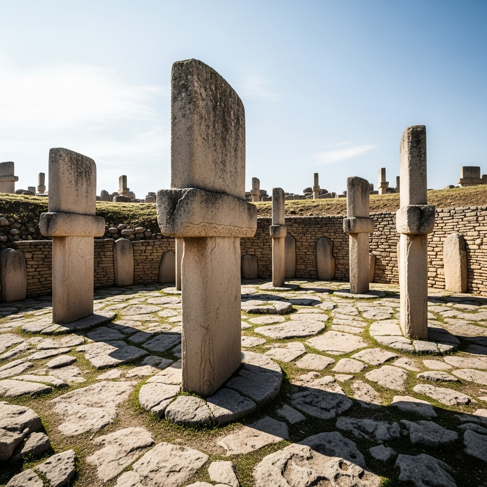 A panoramic view of Gobeklitepe with its massive carved stone pillars and circular formations set against a clear sky.