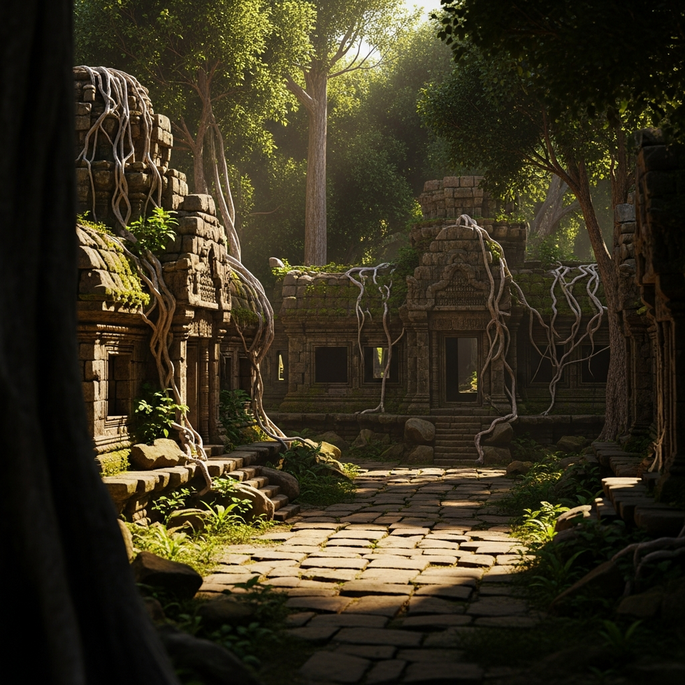 An artist's impression of an ancient city buried beneath jungle foliage, awaiting discovery
