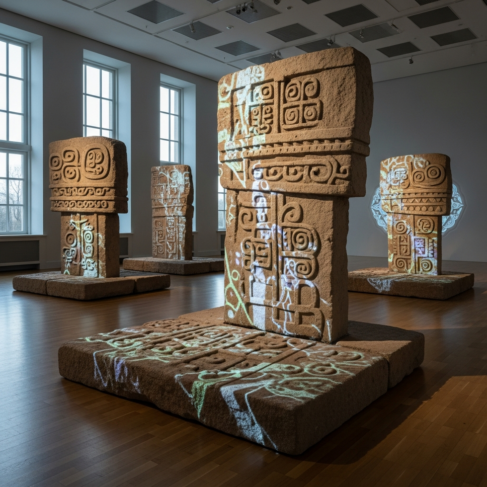 An installation piece in a Kazakh art gallery depicting ancient Göbekli Tepe symbols merged with contemporary digital art elements.