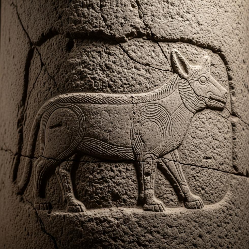 Close-up image of a carved animal relief found on one of the megalithic pillars at Göbekli Tepe