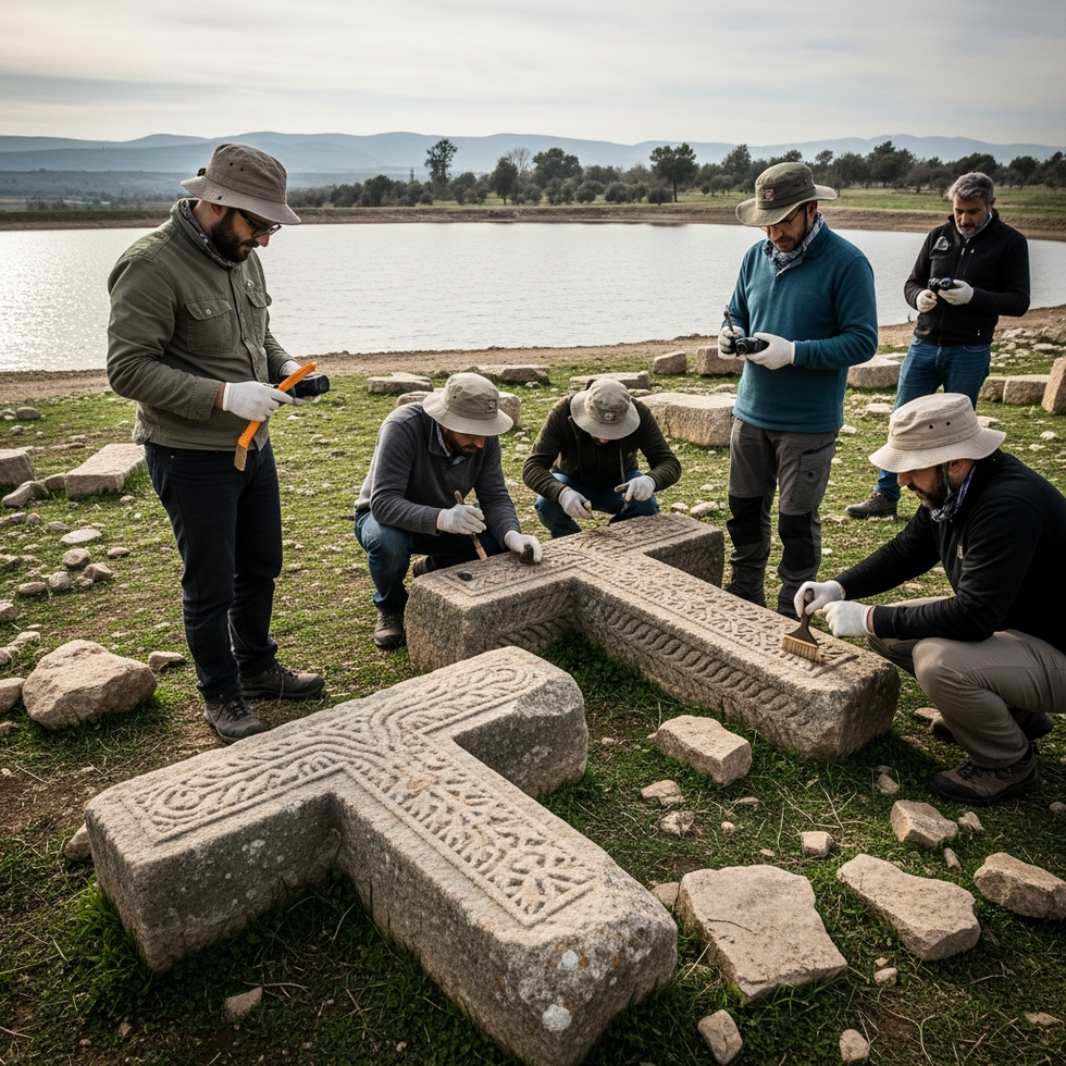 archaeologists examining ancient T-shaped stones near water reservoir in Adıyaman with tools and cameras