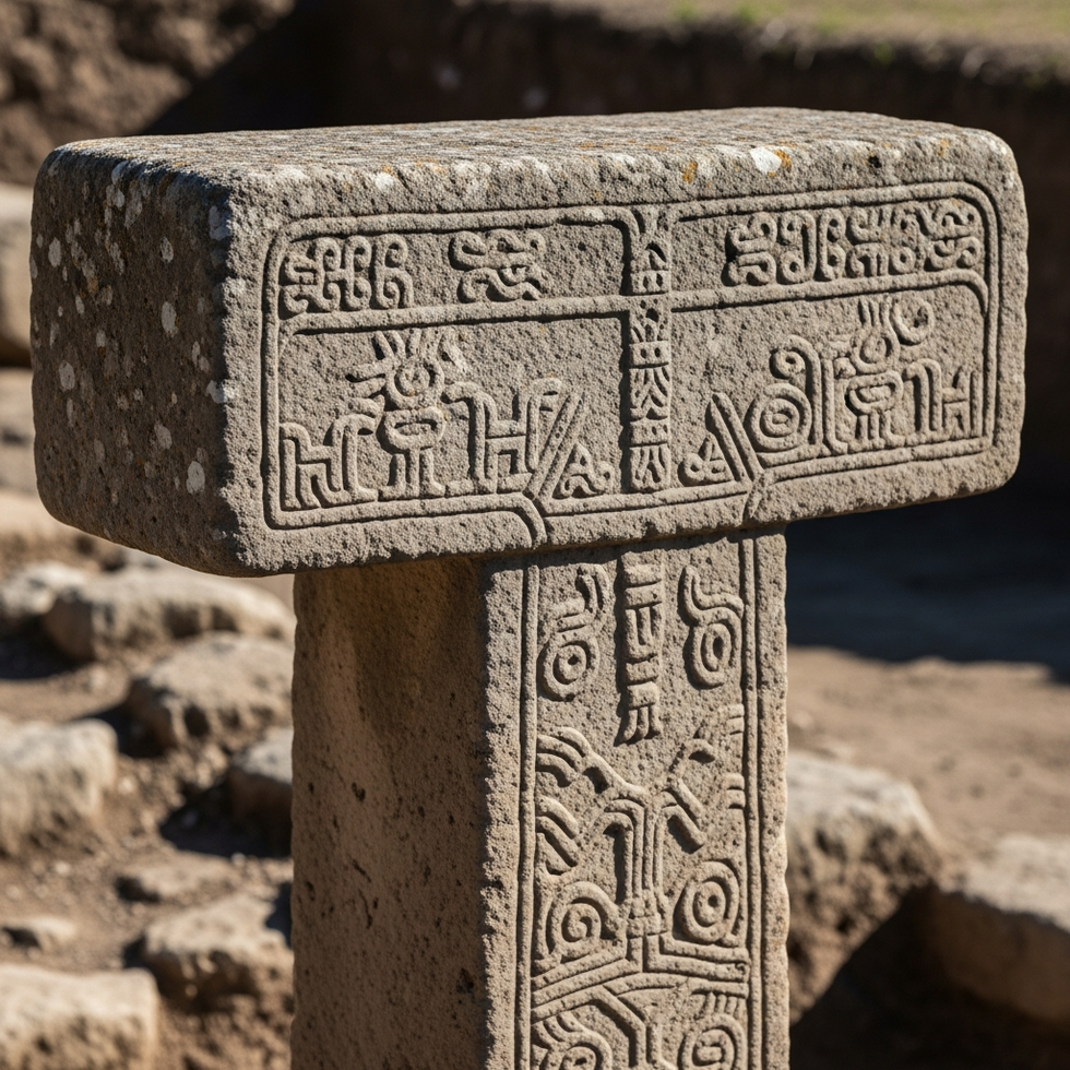 Neolithic ritual architecture Close-up of a T-shaped stone pillar showing carvings and symbolic motifs, exemplifying early ritual stone architecture from the Neolithic period.