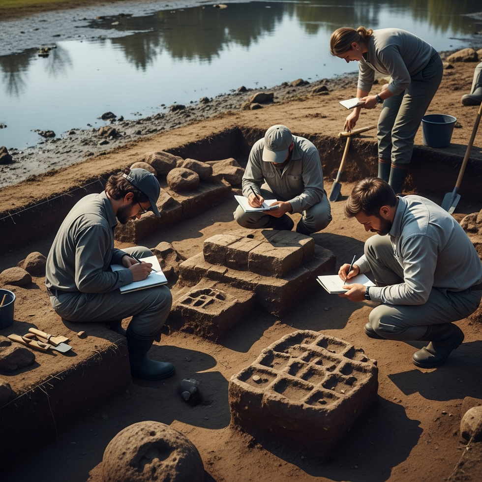 archaeological rescue operation Photo of an ongoing rescue excavation at the site with archaeologists carefully recording findings amid the receding water levels.