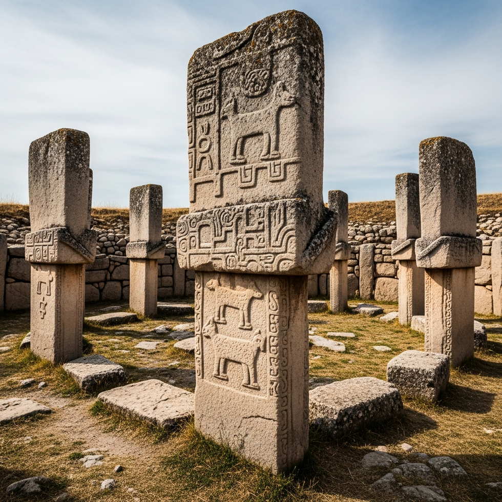 image prompt: photograph of religious carvings and stone structures from Göbeklitepe