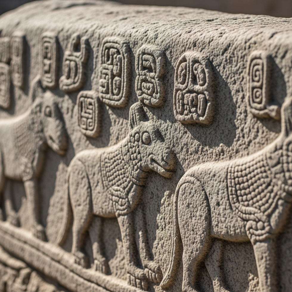 detailed close-up of carved relief animals on Göbeklitepe stones, emphasizing symbolic details